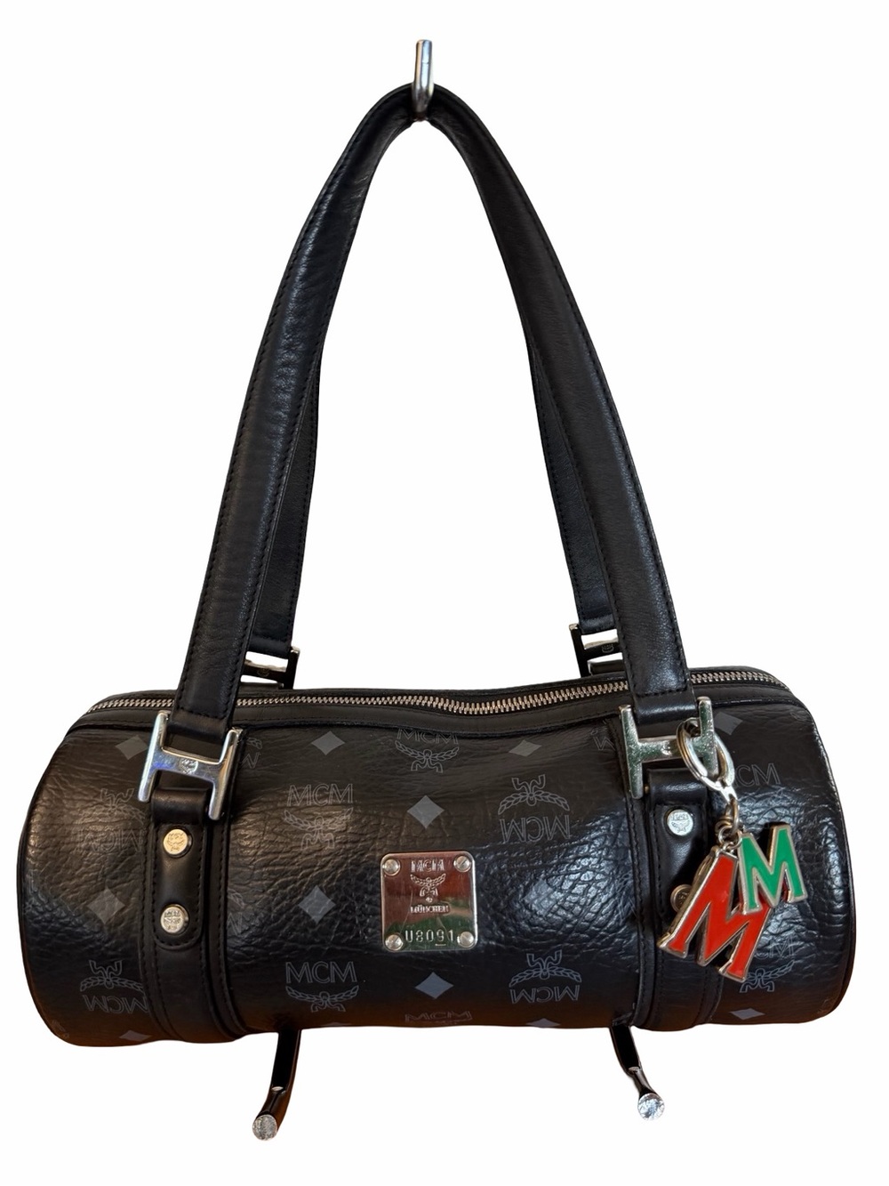 Authentic MCM Black Papillon Shoulder Bag with Red & Green Logo Charm